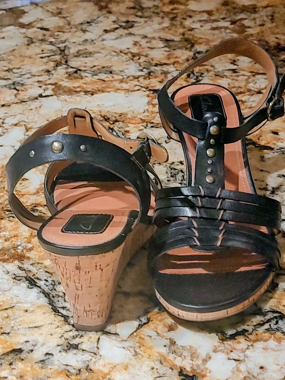 Clarks Black Leather Strappy Wedge Sandals